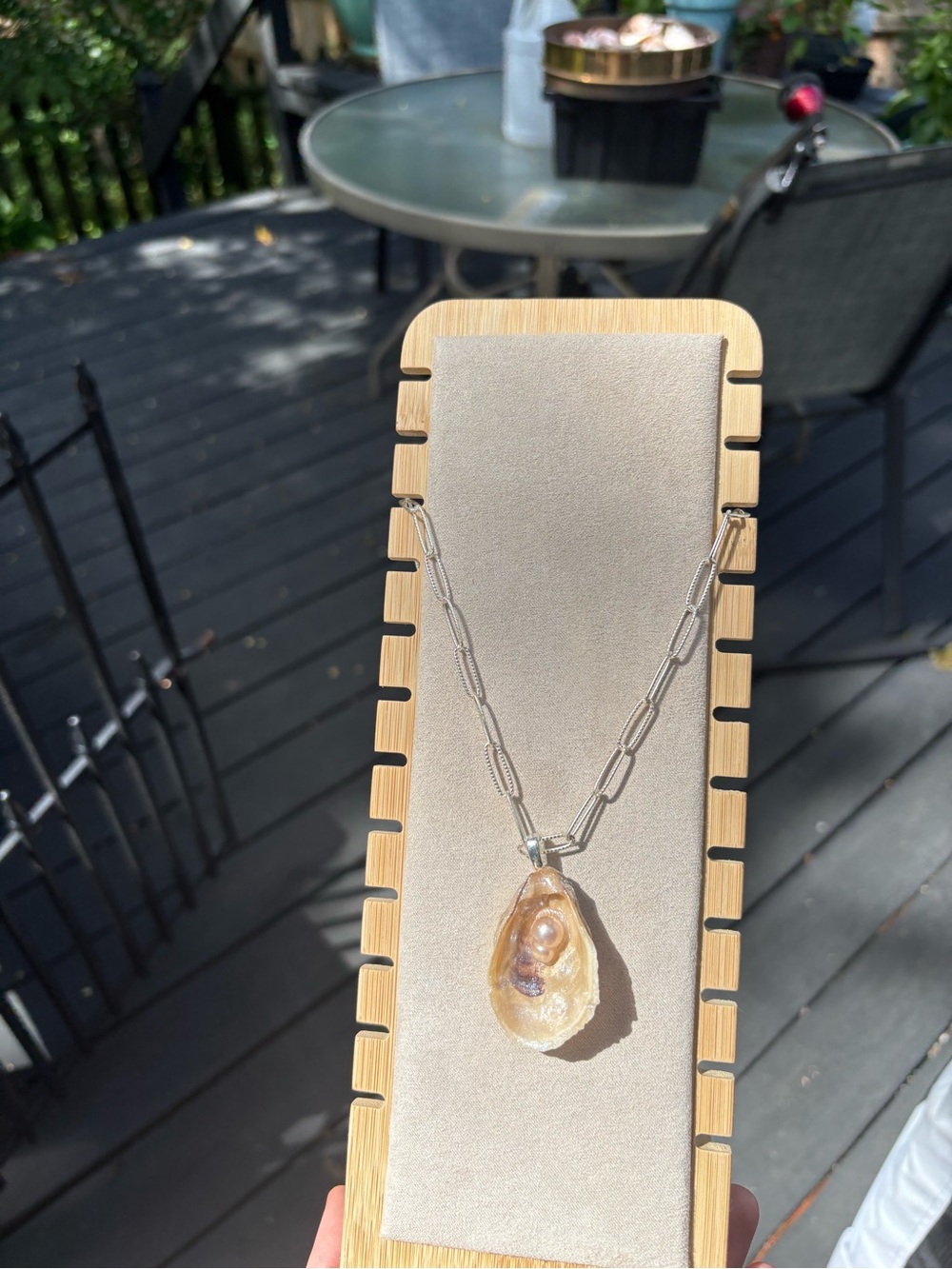 Silver Chain Necklace with Golden Pearl Oyster Pendant